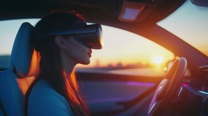 Woman in VR headset sits in autonomous car at sunset.