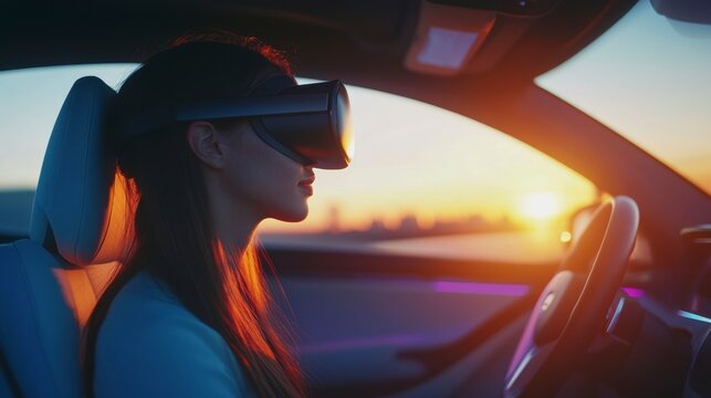 Woman in VR headset sits in autonomous car at sunset.