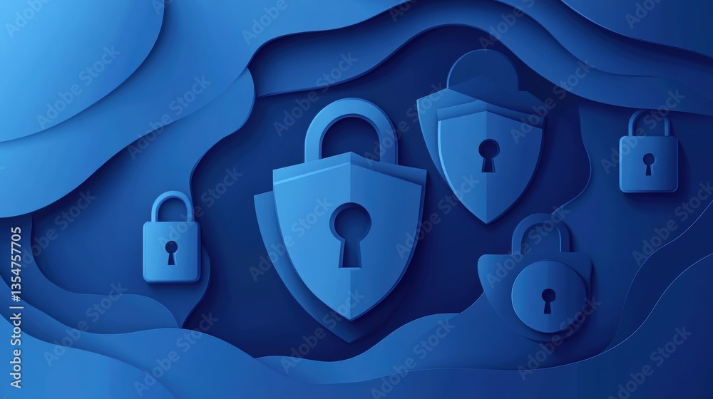 Fototapete Exploring cybersecurity concepts through paper art style featuring layered locks and shields in modern blue gradients