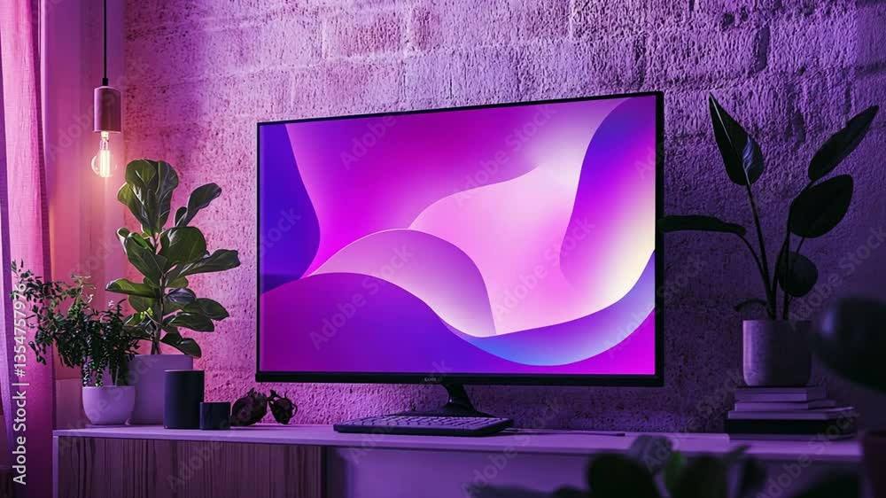 Poster modern stylish lcd monitor with vibrant display in cozy setting generative ai