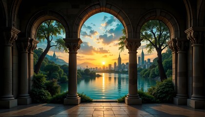 Fototapeta premium Architectural arches framing a scenic cityscape sunset reflecting on water, suitable for home decor print, travel advertisement, or inspirational art
