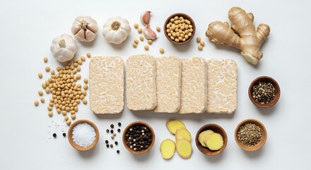 Tempeh with Spices Arrangement on White Background for Healthy Cooking Concept