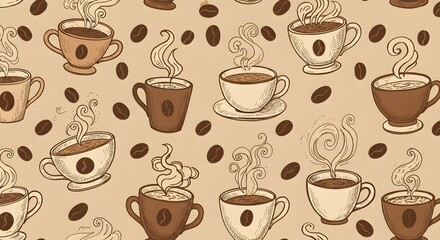 Obraz premium Seamless Pattern of Hand-Drawn Coffee Cups and Beans