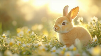 Cute fluffy rabbit in a sunny meadow surrounded by blooming daisies