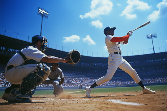 baseball player swings his bat at a pitch. The catcher is crouched behind him, ready to catch the ball. The scene is set in a baseball stadium with a crowd of people watching the game