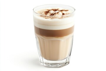 Enjoying a Layered Latte in a Glass Against White Background