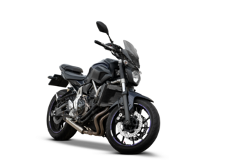 Black sport motorcycle (naked street bike) three-quarter front view, isolated on white background