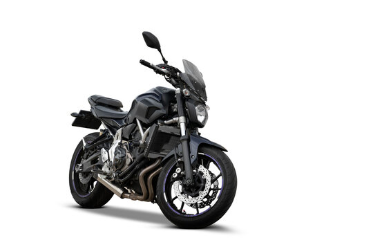 Black sport motorcycle (naked street bike) three-quarter front view, isolated on white background