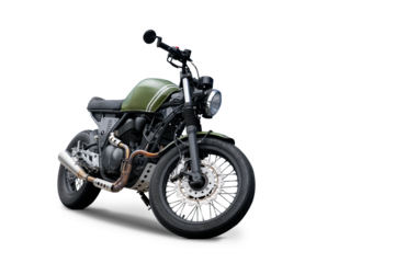 Green retro vintage motorcycle three-quarter front view, isolated on white background