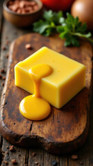 A block of yellow butter with a splash of melted liquid on top, suggesting its freshness. It's placed on a wooden cutting board, surrounded by various ingredients like nuts and herbs.
