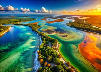 Obraz premium Aerial View of Coastal Lagoon: Vibrant Orange to Blue-Green Water Transition