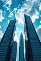 Naklejka premium Futuristic skyscrapers pierce a cloudy sky, reaching for the heavens, futuristic, city