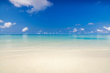 Naklejka premium Pristine clear sea water bay. Pristine ocean lagoon sunny cloudy sky, idyllic relaxing seascape. Transparent surface, exotic travel. Tropic Mediterranean nature panorama. Summer background, beach view