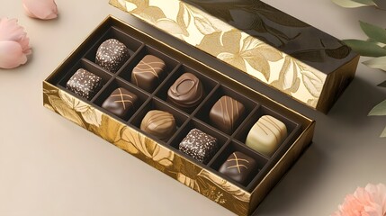 Premium chocolate box with gold foil detailing and elegant branding mockup