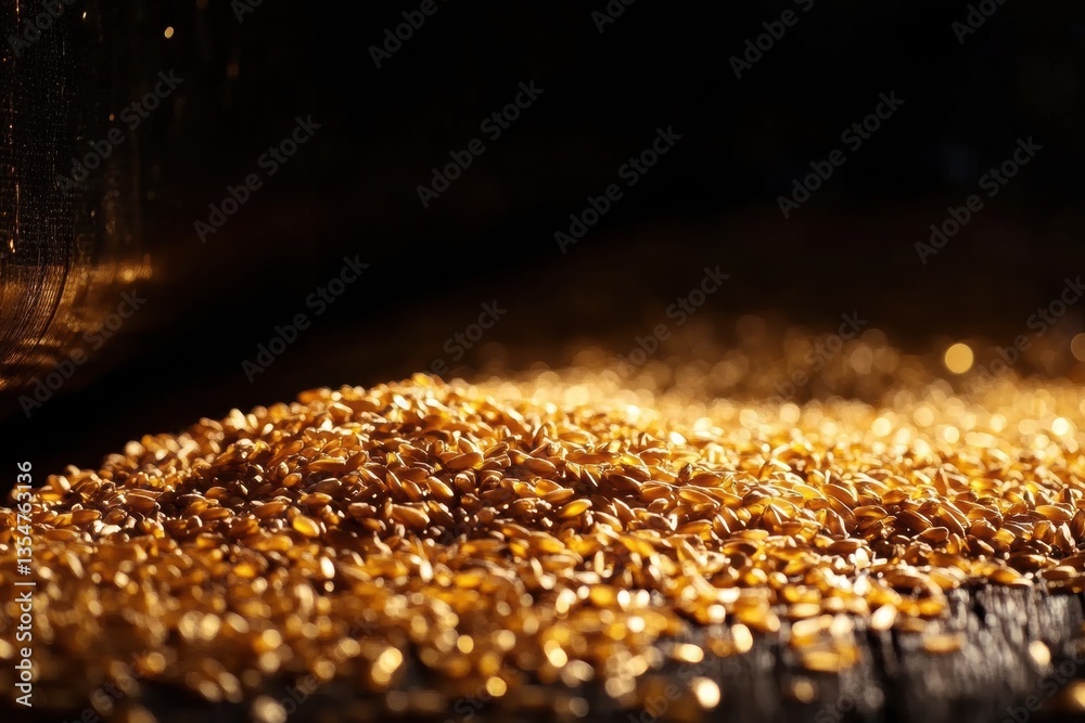 Poster close-up of golden wheat grains showcasing warm reflections on a rustic wooden table in soft lightin