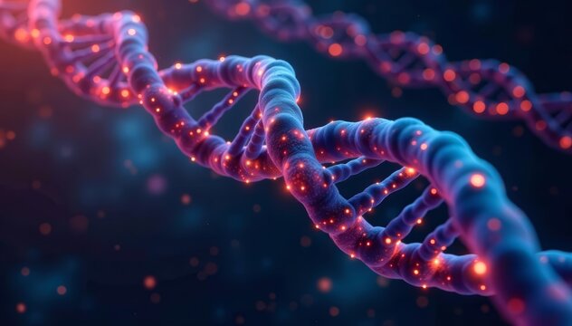 Digital DNA helix connecting to network nodes in futuristic design, artificial intelligence, future - Powered by Adobe