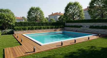 Beautiful swimming pool surrounded by green grass and trees outside