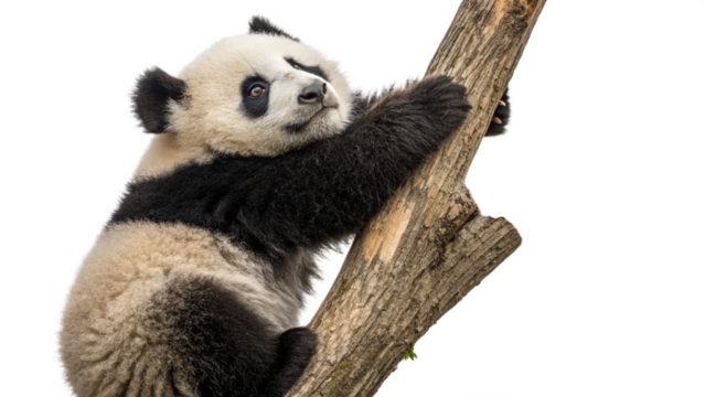 A panda bear cub sitting on a tree branch, isolated on a transparent background 
