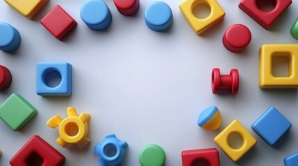 Obraz premium Colorful geometric shapes toys arranged in a circle frame on a white background.