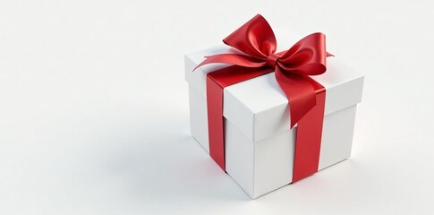 Obraz premium Elegant white gift box with shiny red bow on a white background, holiday, gift, box