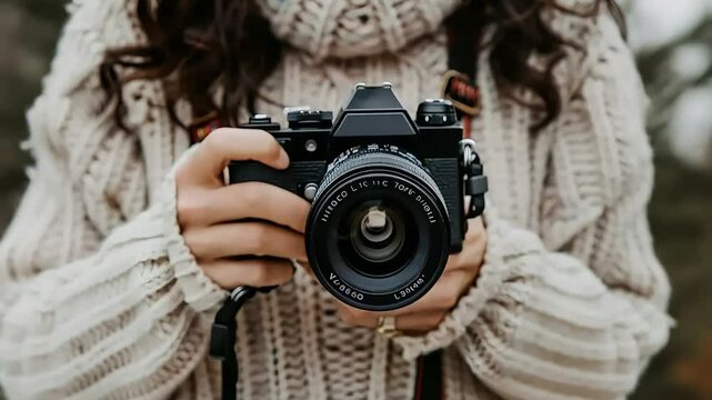 Photographer holding vintage analog camera