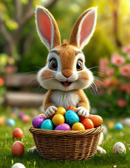 Happy cute Easter rabbit with eggs. Realistic cartoon personage.