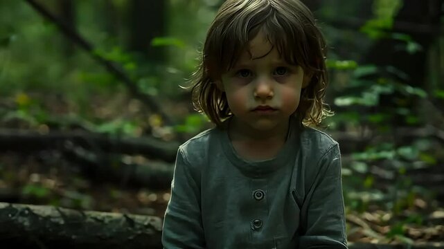 Sad child sitting alone in a dark forest