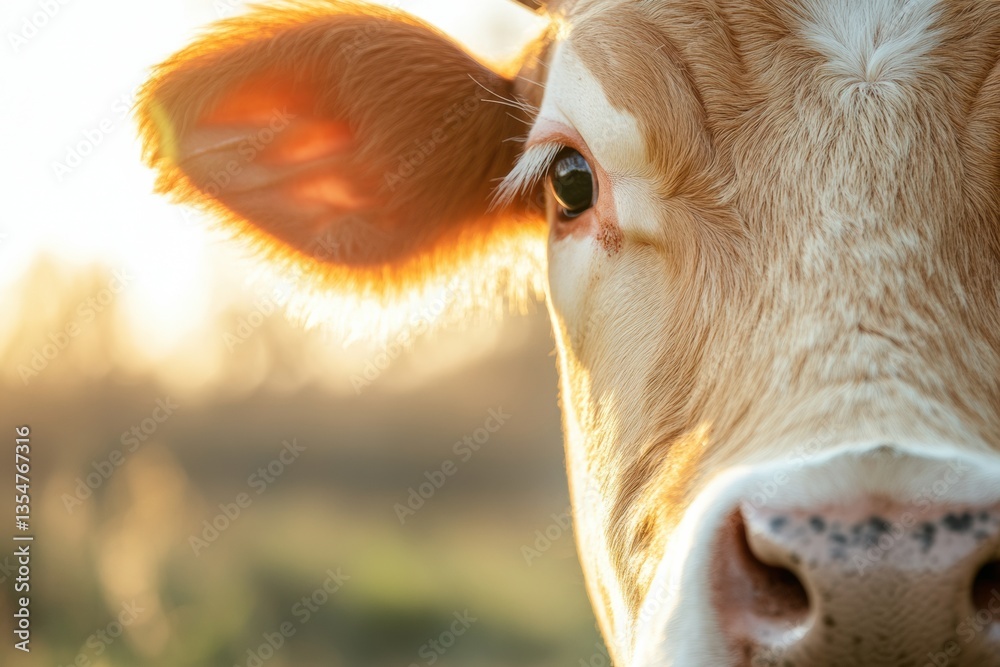 Poster close-up of a cows gentle face in warm sunlight with a soft focus on a rural farm background during 