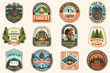 Set of logo, badge design with inspirational adventure quotes. Concept for shirt or logo, print, stamp or tee with oak leaf and acorns, pin forest, hiking poles, deer. Vector illustration.