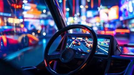 Night city driving simulator with vibrant city lights reflected on the steering wheel and dashboard.