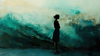Obraz premium Silhouette of a Woman Against a Teal Abstract Painting
