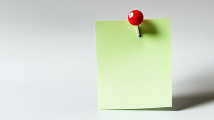 Green sticky post it note with red pushpin isolated on grey color background.