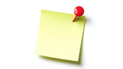 Green sticky post it note with red pushpin isolated on white color background.