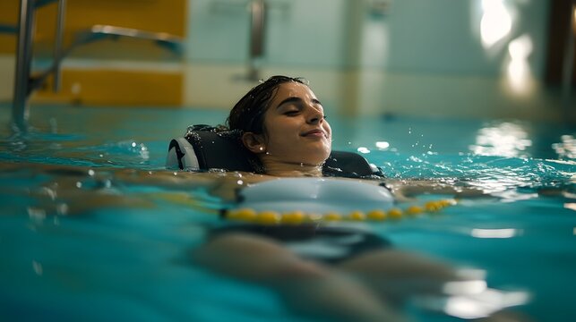 Woman doing aquatic physiotherapy in a pool for joint recovery
