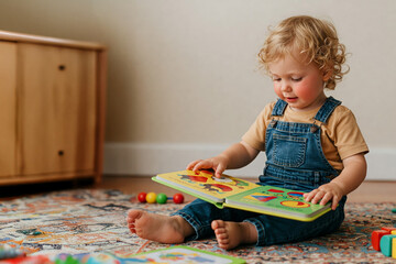 Ein Kleinkind guckt sich aufmerksam ein Kinderbuch an