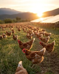 Sustainable farming Sunlight glints off solar panels in a serene landscape, showcasing renewable energy's impact on nature and sustainable living, highlighting innovation in technology.