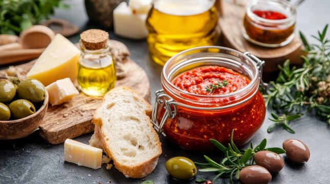 Homemade Serbian ajvar served with crusty bread, olives, and cheese in rustic Balkan decor