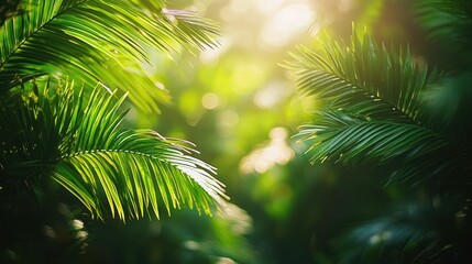 Lush green foliage, sunlight filtering through tropical leaves