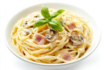 Serving of Creamy Spaghetti Carbonara with Mushrooms and Basil Garnishing