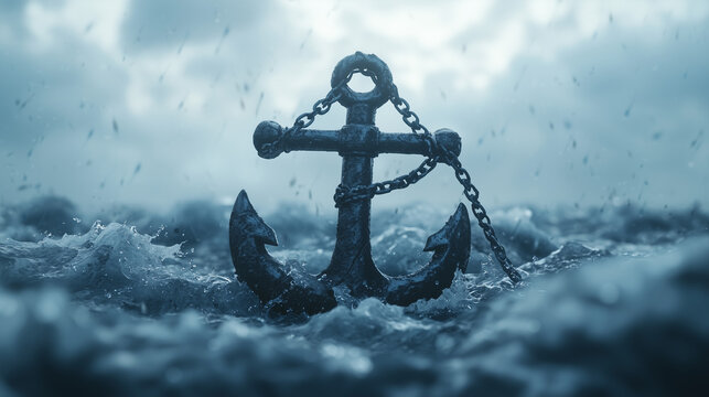 Anchor Amidst the Tempest: A weathered anchor, connected by a chain, is submerged in turbulent sea, under a dramatic, stormy sky, evoking a sense of resilience amidst the chaos.