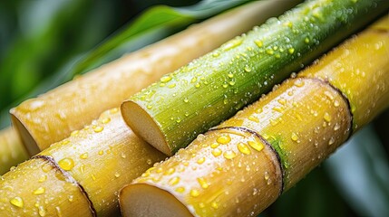 Water droplets and bright green leaves on fresh sugarcane --
