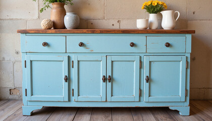 Vibrant blue rustic cabinet with decor elements, home renovation style