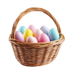 Traditional Wicker Basket with Handle, Filled with Pastel-Colored Eggs in Yellow, Pink, Blue, and Purple. Easter Sunday 2025 Object PNG Isolated Transparent White Background Clipping Path Download