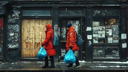 Urban pedestrians carrying bags in front of a shop front, possible use for a stock image depicting city life, winter - Powered by Adobe