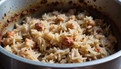 Burnt rice clumped in pot, culinary mishap and reminder of cooking care