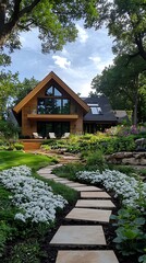 Lakeside Aframe home garden path.