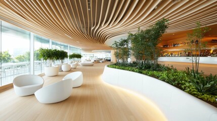 Obraz premium Modern interior with wooden ceiling, plants, and white seating