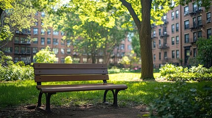 Urban green space: a park bench in an urban area beneath a tree 