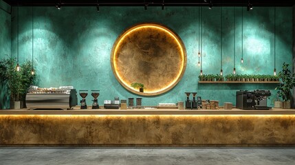Modern cafe interior with teal walls and gold accents