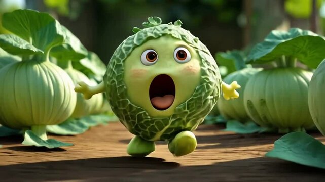 Excited cartoon cabbage character in garden